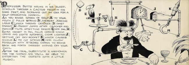 Self-operating napkin (Rube Goldberg cartoon with caption)