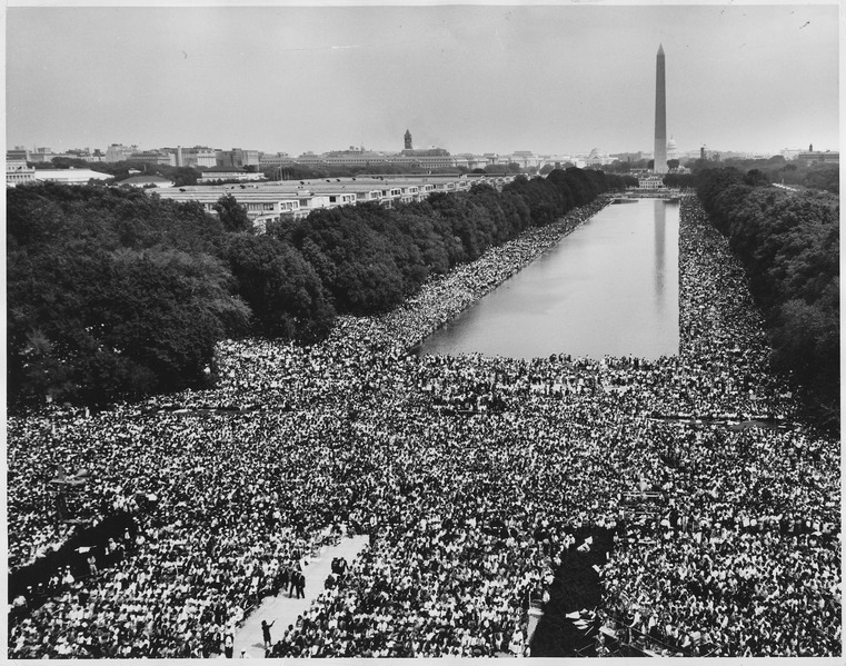 Civil Rights March on Washington, D.C. (A wide-angle view of marchers along the mall, showing the Reflecting Pool and... - NARA - 542045