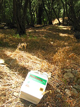 Empty Glyphosate (Herbolex) container discarded in Corfu olive grove