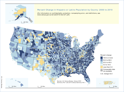 2010 US Census Percent Change in Hispanic Population by County