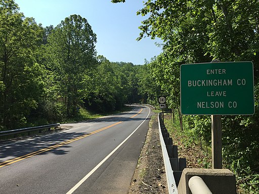 2016-05-27 10 18 23 View east along Virginia State Route 56 (South James River Road) just after crossing the Wingina Bridge over the James River from Wingina in Nelson County, Virginia to rural Buckingham County, Virginia